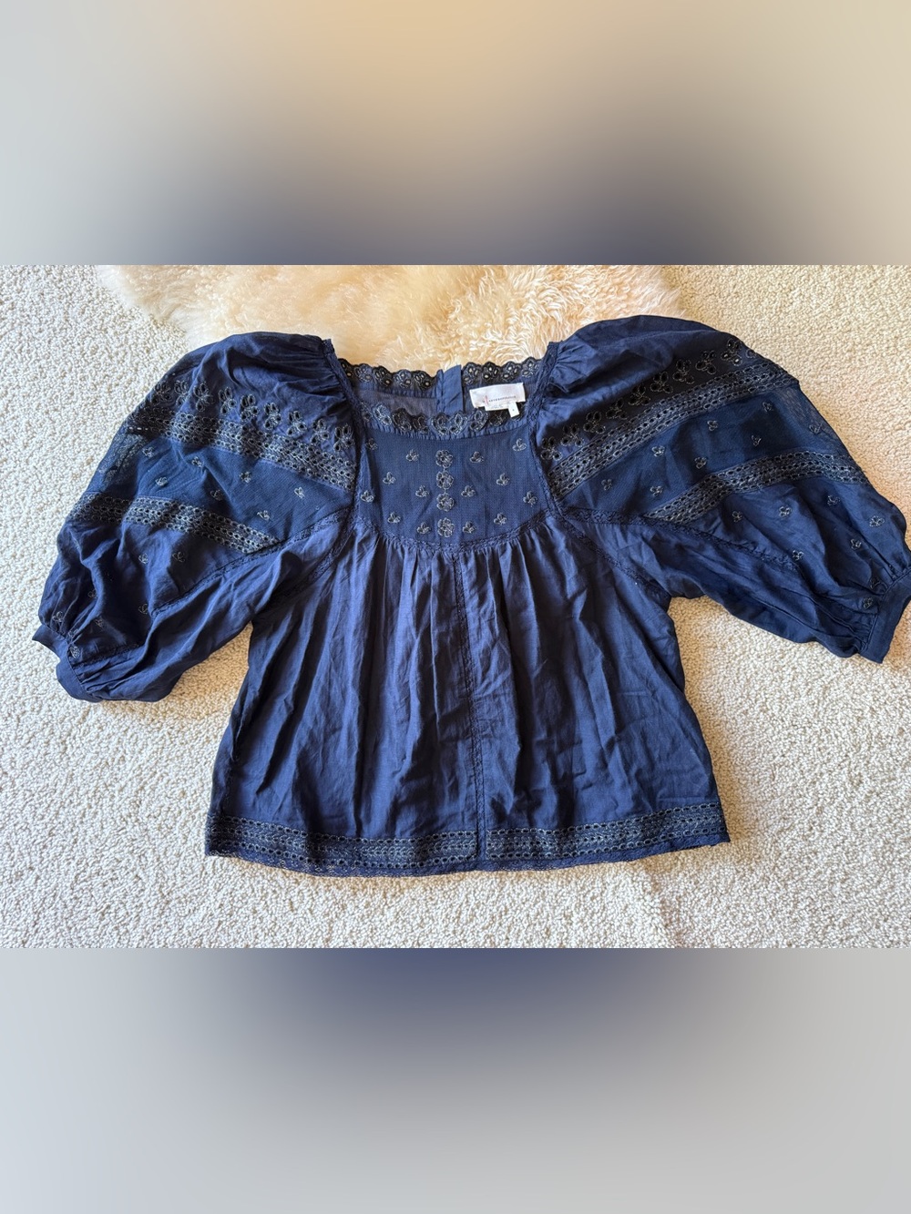 Anthropologie Navy Embroidered Eyelet Lace Mesh Babydoll Blouse Puff Sleeve S - Picture 2 of 9
